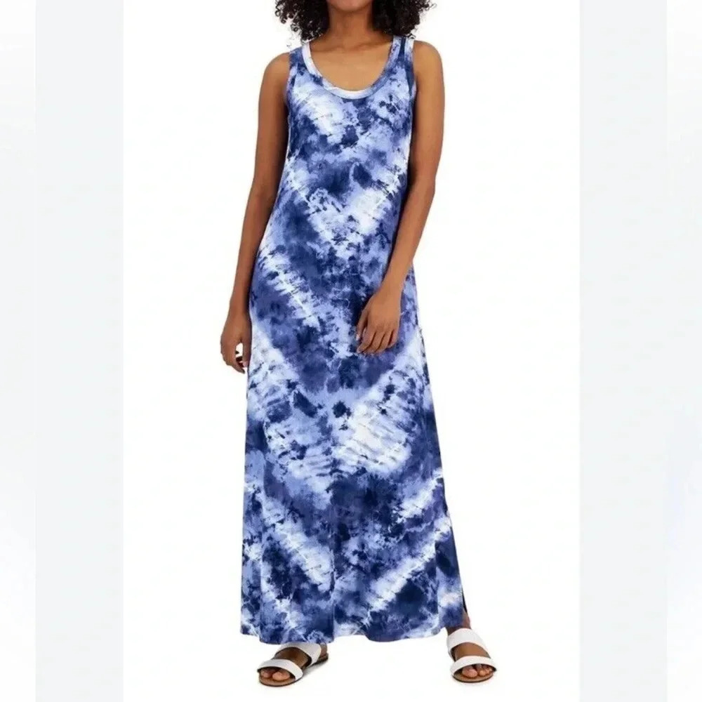 Style & Co blue tye dyed maxi dress with slits size Medium womens